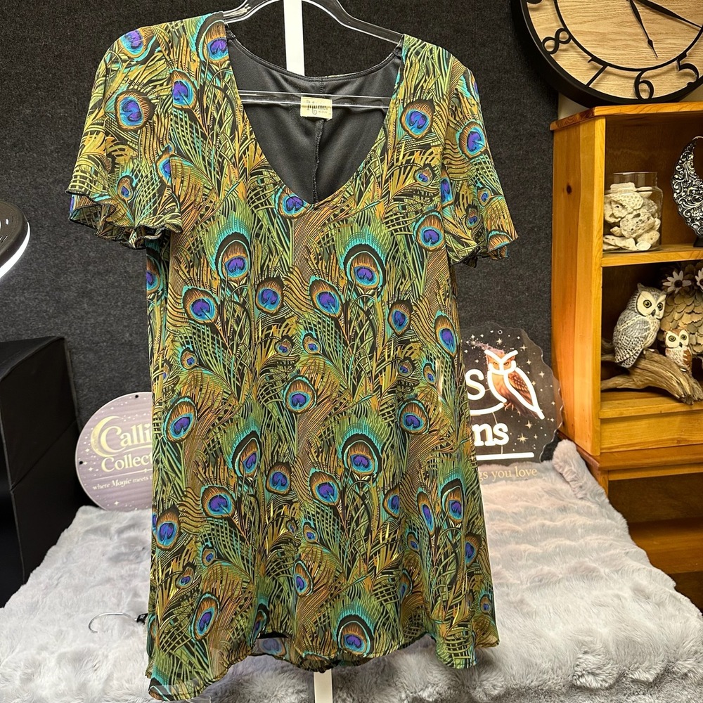 Show Me Your Mumu Tunic Womens Medium Green Peacock Feather Print Flowy V-Neck
